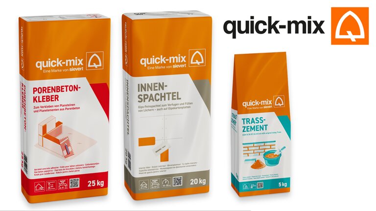Drei Bauprodukte von quick-mix: Porenbetonkleber, Innenspachtel und Trasszement.